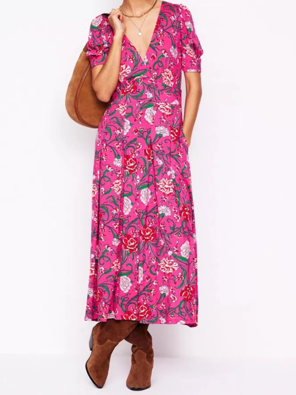 Boden Kristen Pleated Jersey Midi Dress Size 10 Pink Floral Faux Wrap Stretch